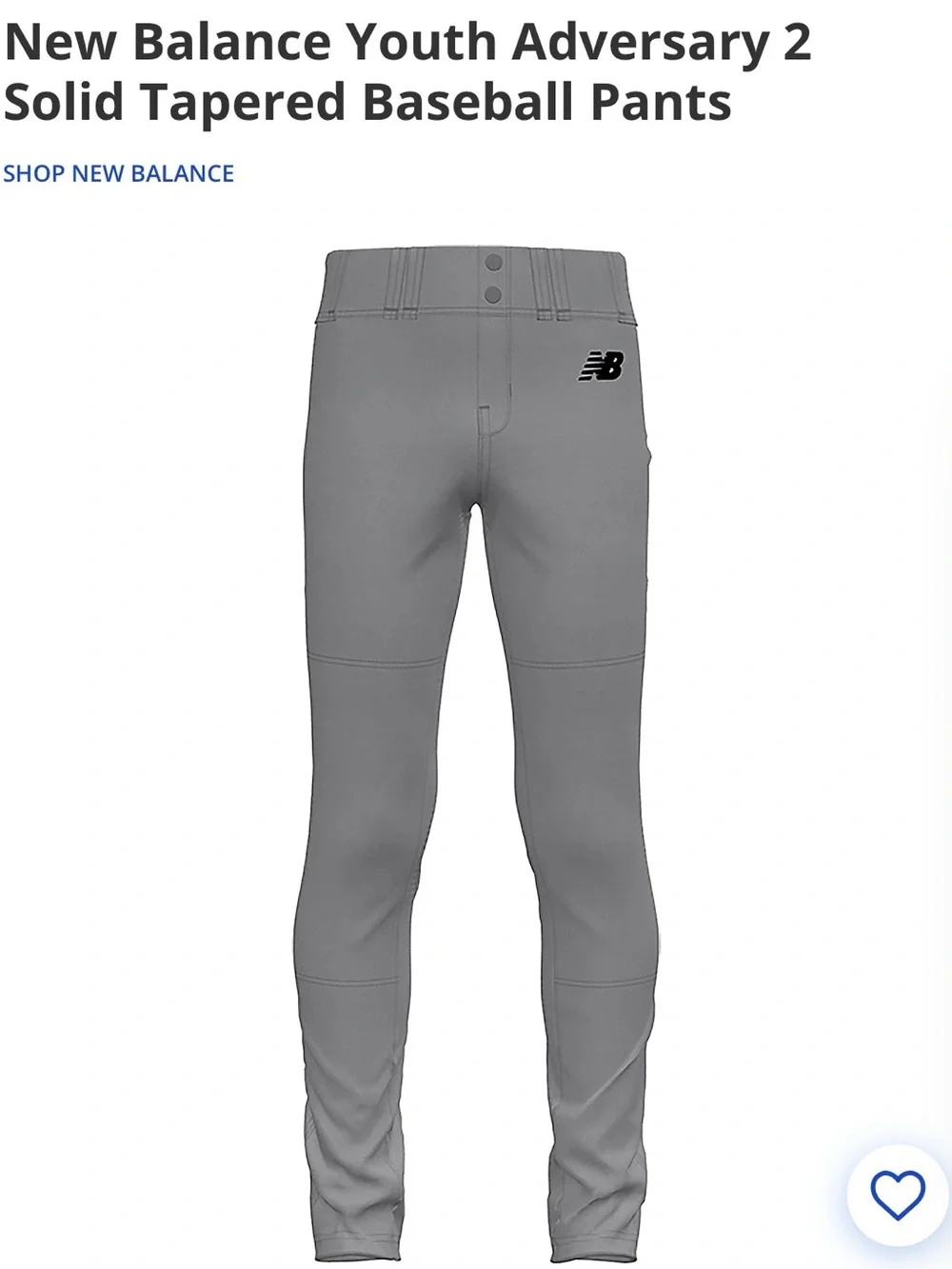 New Balance Gray Youth Tapered Baseball Pants
